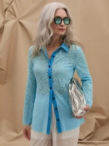 SHEIN LUNE 女士渐变透视前扣优雅长袖衬衫 - 藍色 - 查看 3