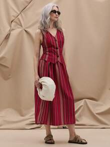 SHEIN LUNE Blusa casual a rayas de verano para mujer con escote en V y cierre abotonado individual