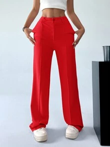 SHEIN EZwear Women's Casual Solid Color Straight Leg Red Suit Pants - Red - View 5