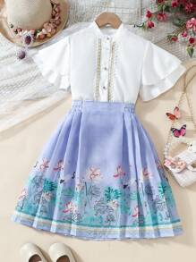 Süßes 2 Stücke Set für Tween-Mädchen: Polo Shirt Einfarbig und Faltenrock mit Blumenmuster, Sommer