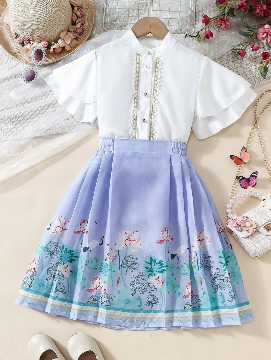 Süßes 2 Stücke Set für Tween-Mädchen: Polo Shirt Einfarbig und Faltenrock mit Blumenmuster, Sommer