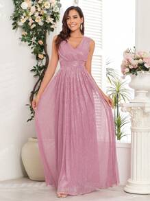 Double V-Neck Sparkly Bridesmaid Dress - Dusty Pink - View 1