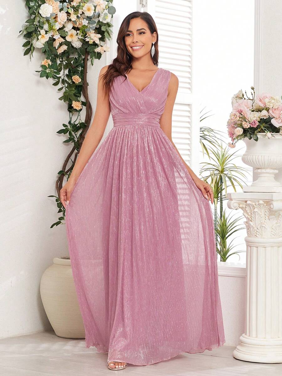Double V-Neck Sparkly Bridesmaid Dress - Dusty Pink - View 1
