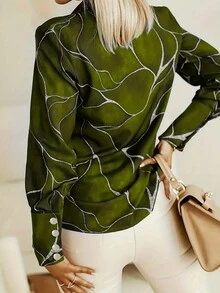 Allover Print Front Button Elegant Long Sleeve Shirt