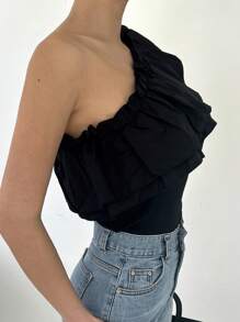 DAZY Women's Summer Fashion Solid Color Asymmetrical Neck Ruffle Trim Sleeveless Top Going Out Tops - Black - View 10