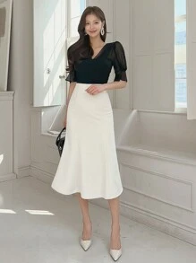 DAZY Women's Solid Color Fishtail Hem Elegant Skirt - White - View 5