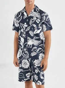 Conjunto de camisa de manga corta con estampado completo y pantalones cortos para hombre, para ropa de verano en casa
