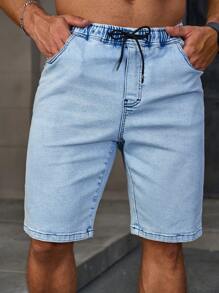 Manfinity Homme Men's Drawstring Waist Casual Bermuda Denim Shorts With Pockets Baggy Jorts Plain Light Blue Work Basic Going Out Vacation Hang Out Tropical Street - Light Wash - View 6