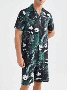 男士卡通熊貓印花前扣短袖上衣和短褲，夏季家居套裝 - 黑色 - 查看 1
