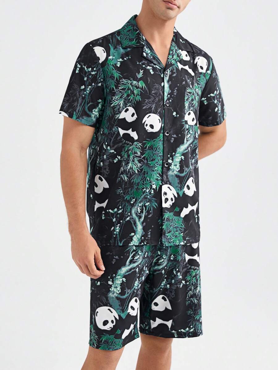 男士卡通熊貓印花前扣短袖上衣和短褲，夏季家居套裝 - 黑色 - 查看 1
