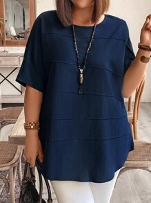 Plus Size Solid Color Round Neck Batwing Sleeve Casual Summer Shirt