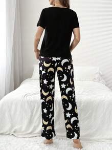 Star And Moon Print Short Sleeve And Long Pants Pajama Set - Black - View 2