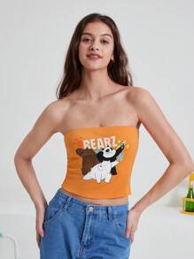 We Bare Bears X SHEIN 女士夏季卡通熊和字母印花緊身無肩帶上衣 - 橘色 - 查看 3