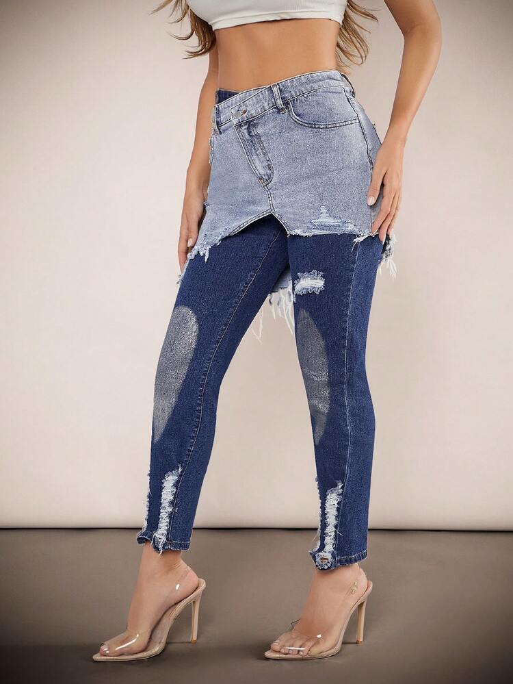 Women's Skinny Ripped Jeans With 2 In 1 Design
