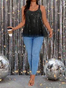 Rometta Plus Size Sequin Contrast Round Neck Elegant Camisole Top, Summer For Holiday Party Clothes Graphic Tees Women Tops - Black - View 6