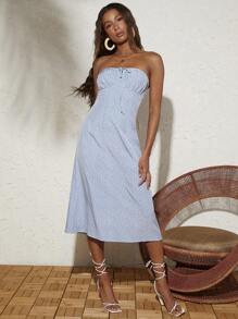 SHEIN VCAY Vestido midi sin tirantes con diseño floral para playa, romántico verano vacacional para mujer, tejido en base ligera de color azul claro - Celeste - Ver 1