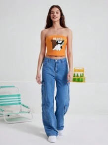 We Bare Bears X SHEIN 女士夏季卡通熊和字母印花緊身無肩帶上衣 - 橘色 - 查看 2