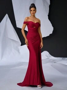 Glamrae Elegant, Gorgeous And Romantic Red Stretch Off Shoulder High Slit Fishtail Dress, Suitable For Formal Events, Bachelor Parties, Weddings And Festivals, Evening Dress, Wedding Guest Dress Party Dress,Gown