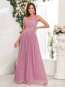 Double V-Neck Sparkly Bridesmaid Dress - Dusty Pink - View 3