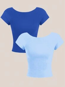 SHEIN EZwear 2 件套休闲简约露背圆领短袖修身短款 T 恤女款，适合夏季 - 彩色 - 查看 2