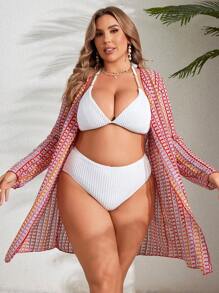 SHEIN Swim Curve Plus Size Women's Holiday Allover Print Long Sleeve Long Casual Kimono,Summer Beach - Multicolor - View 4
