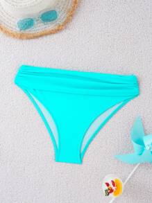 SHEIN Swim 夏季海滩纯色褶皱比基尼泳裤，度假泳装 - 藍色 - 查看 3