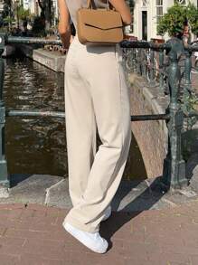 MYOURSA Women's Casual Solid Color Front Pleated Straight Leg Slim Fit Pants - Beige - View 4