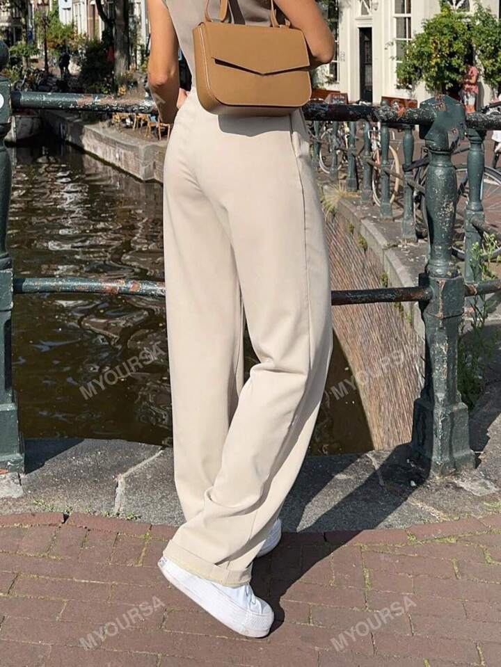 MYOURSA Solid Front Pleated Straight Leg Tailored Pants