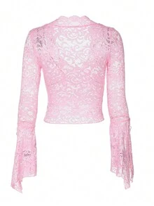 女士蕾丝V领喇叭袖休闲上衣，性感百搭，适合派对、春夏、度假、街头、情人节等场合