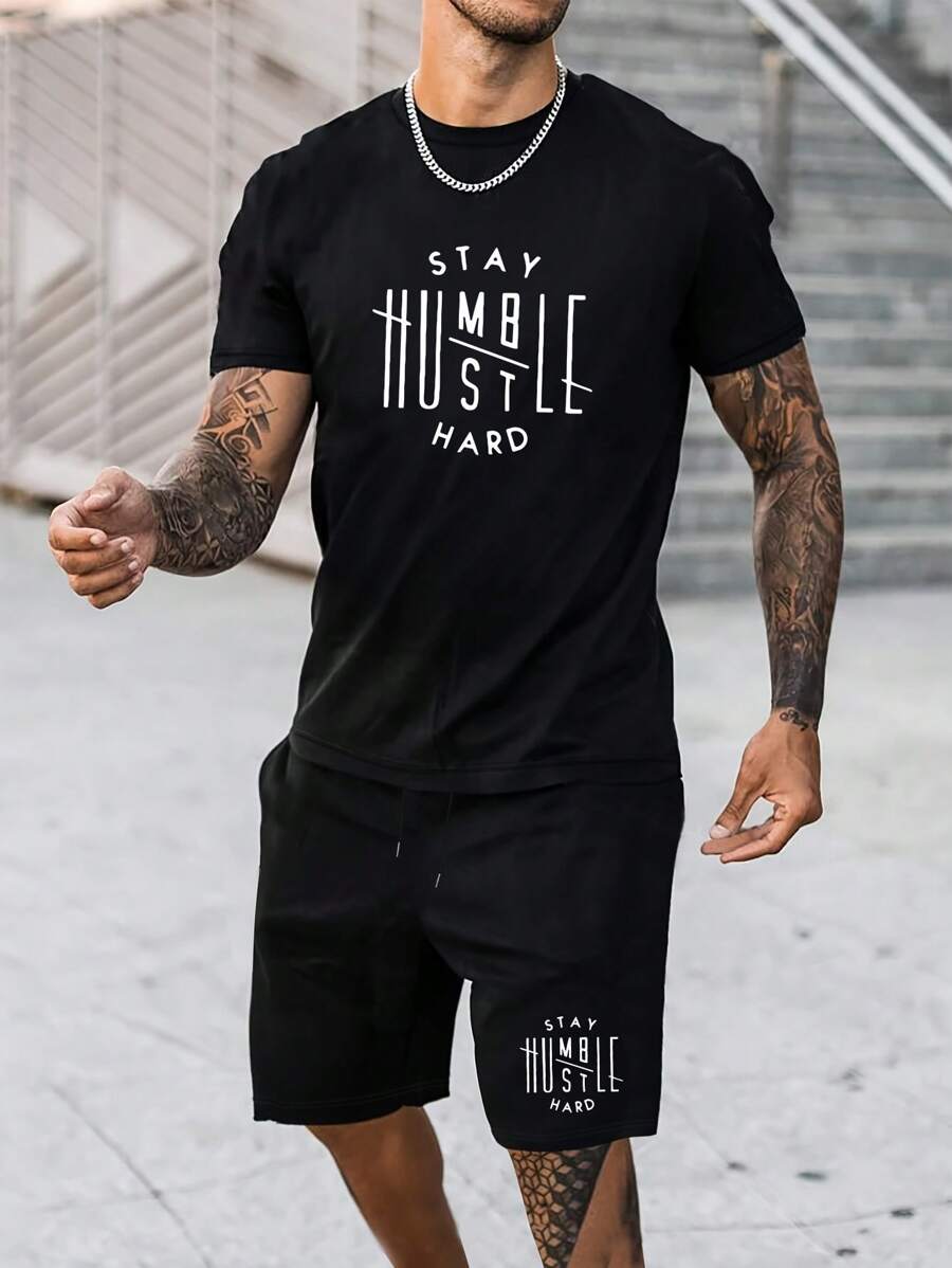 Men's Letter Printed T-Shirt And Drawstring Waist Shorts Set - Black - View 1