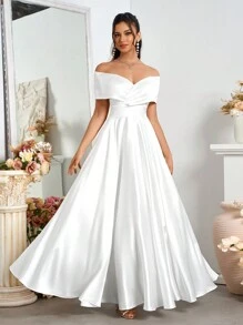 SHEIN Belle Váy cưới chữ A bằng vải satin hở vai thanh lịch Váy cưới màu trắng cho trang phục dự tiệc ngày lễ - trắng - Xem 7
