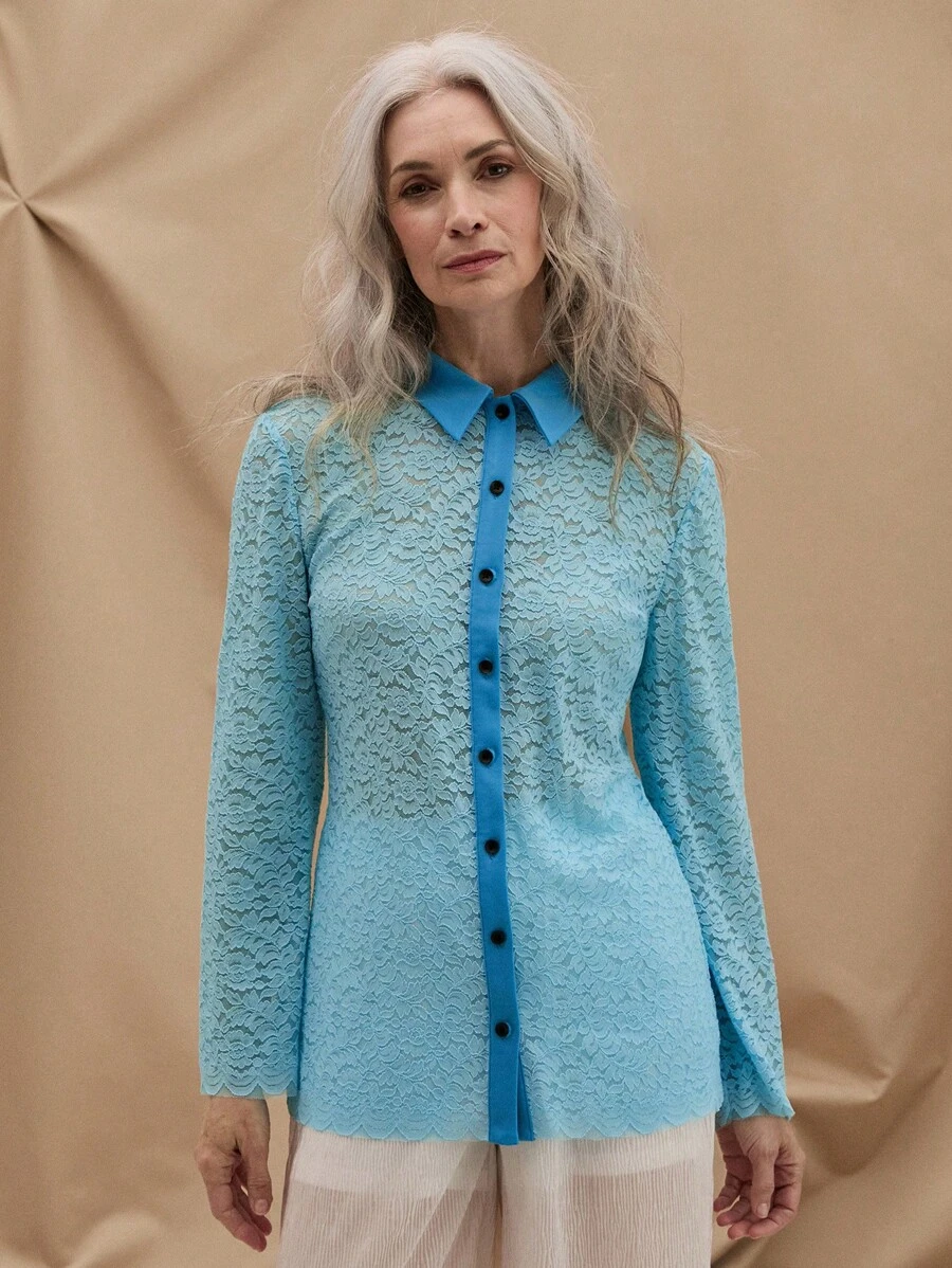 SHEIN LUNE 女士渐变透视前扣优雅长袖衬衫 - 藍色 - 查看 1
