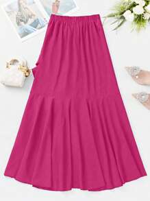 Chiquease Falda elegante de cintura alta para mujer en unicolor con dobladillo de cola de pez con ribete de volantes y lazo - Rosa Fucsia - Ver 2