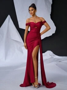 Glamrae Elegant, Gorgeous And Romantic Red Stretch Off Shoulder High Slit Fishtail Dress, Suitable For Formal Events, Bachelor Parties, Weddings And Festivals, Evening Dress, Wedding Guest Dress Party Dress,Gown