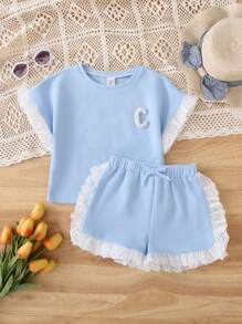 SHEIN Young Girl Comfortable Casual Lace Trimmed Short-Sleeved T-Shirt And Shorts Set - Blue - View 6