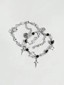 ROMWE Grunge Punk 2 pièces Ensemble de bracelet style punk avec étoiles noires et blanches, perles. Convient pour un porter quotidien, cadeau de Saint-Valentin, maman, mère, fête des mères