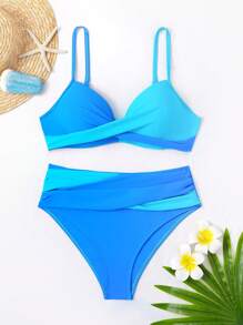 SHEIN Swim Conjunto de bikini sexy cruzado de bloque de color para vacaciones en la playa de mujer