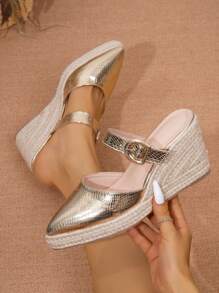 Nuevo Llegado Zapatos de Tacón de Cuña con Plataforma Gruesa y Decoración de Cuerda para Mujer, Adecuados para Actividades al Aire Libre, Uso Casual - Dorado - Ver 8