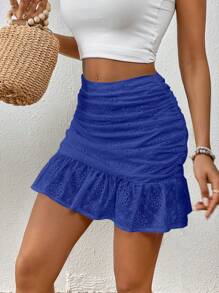 SHEIN VCAY Falda corta de moda de verano quemada con diseño sin unicolor y bordado, con ribete de volantes - azul real - Ver 3