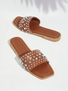 SHUZIA Ladies' Fashion Flat Sandals With Rhinestone Decoration - Brown - View 3