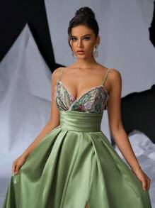 Glamrae Elegant Handmade Beaded Satin Pleated A-Line Dress With Draping And Train,Luxurious Wedding Guest Prom Gown For Formal Events,Evening Graduation - Dark Green - View 7