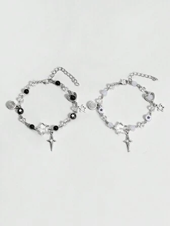 Grunge Punk 2 pièces Ensemble de bracelet style punk avec étoiles noires et blanches, perles. Convient pour un porter quotidien, cadeau de Saint-Valentin, maman, mère, fête des mères