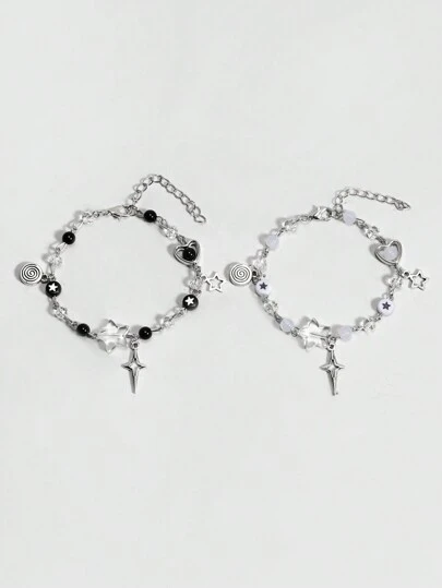 ROMWE Grunge Punk 2 件朋克风格黑白珍珠星手链套装，适合日常佩戴、情人节礼物、妈妈、母亲、母亲节、礼物