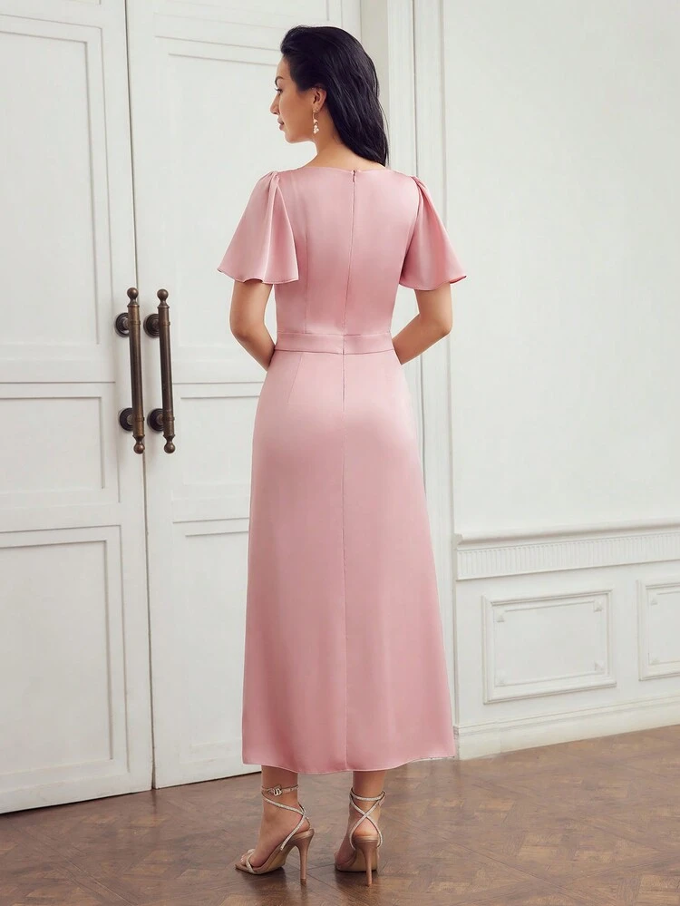 V-NECK FLUTTER SLEEVE RUFFLE TRIM PLEATED PANEL DRESS