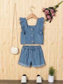 Young Girl Light Wash Denim Ruffle Hem Top And Shorts Set, Summer - Light Wash - View 1