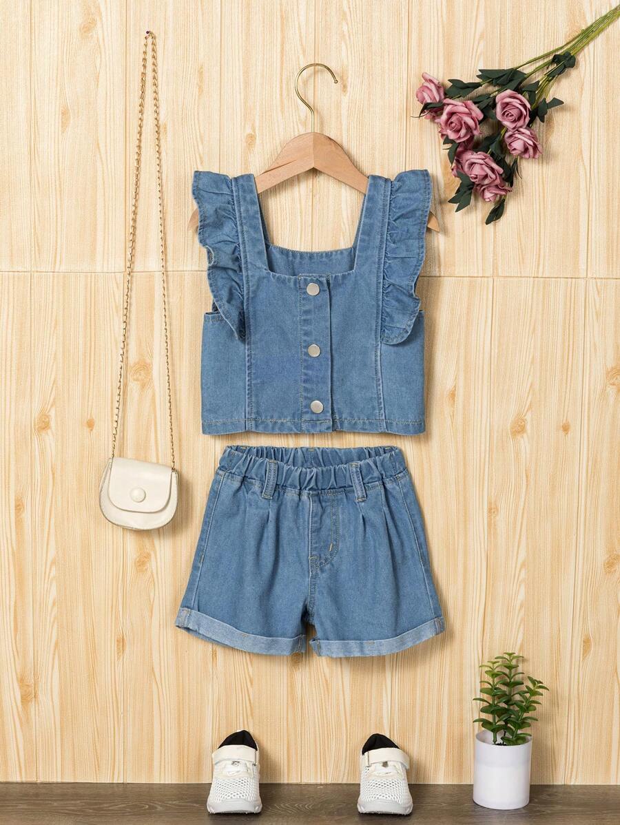 Young Girl Light Wash Denim Ruffle Hem Top And Shorts Set, Summer - Light Wash - View 1