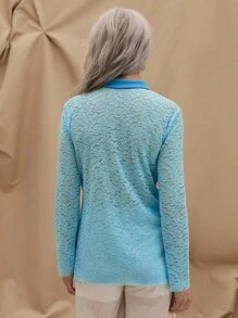 SHEIN LUNE 女士渐变透视前扣优雅长袖衬衫 - 藍色 - 查看 2