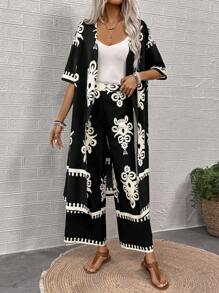 SHEIN LUNE 女式復古印花長外套及褲子套裝，適用於度假和休閒