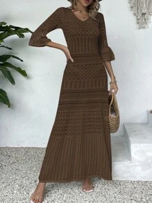 Vestido de punto midi con cuello en V impreso, manga larga y calado para mujer, primavera y verano (patrón aleatorio)