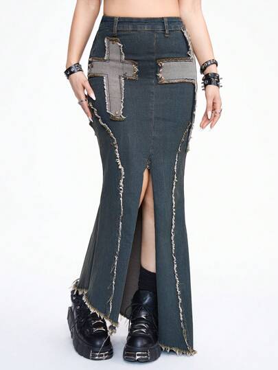 Grunge Punk Gonna di jeans alla moda da donna con orlo sfilacciato e spacco